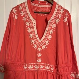 Eshakti Melon Pink Maxi Dress white crewel embroidery Size 3X 26 W